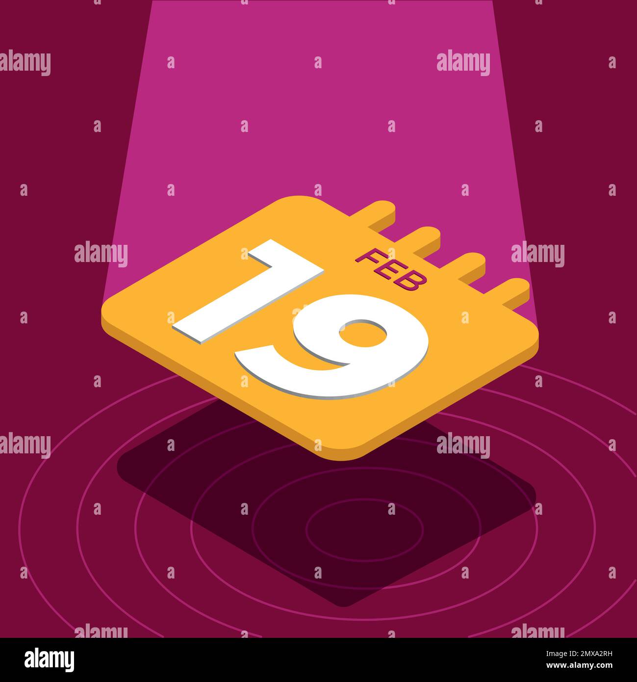 February 19th Yellow 3D calendar floating with spotlight Stock Vector