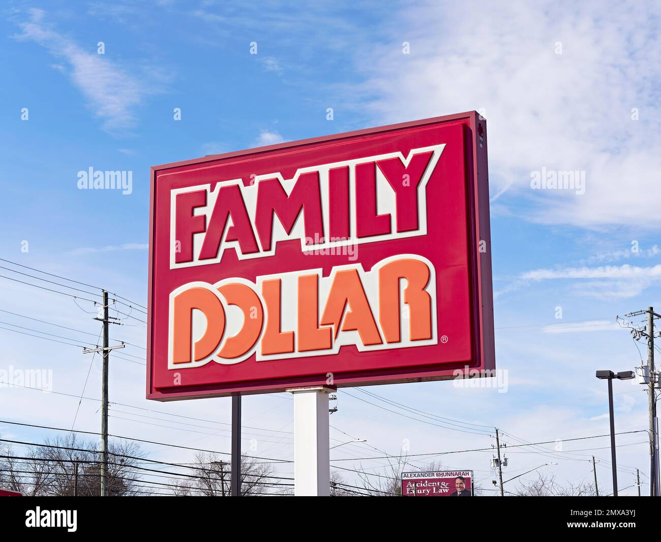 Family Dollar discount retail store sign in Montgomery Alabama, USA. Stock Photo