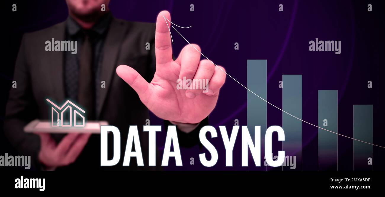 Handwriting text Data Sync. Internet Concept data that is continuously generated by different sources Stock Photo