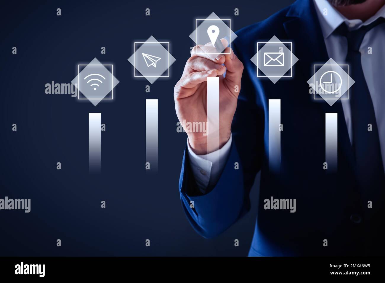 Core values concept. Businessman touching icon on virtual screen Stock Photo