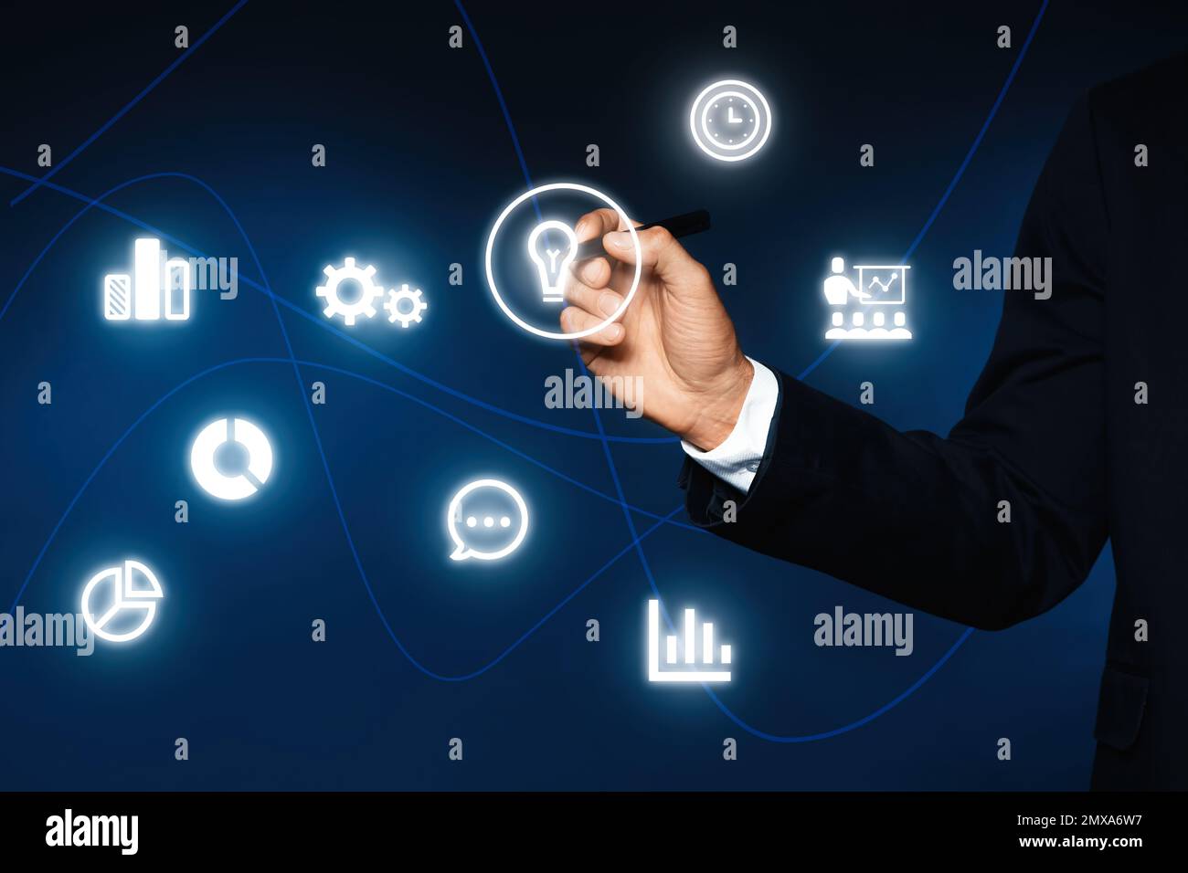 Core values concept. Businessman touching icon on virtual screen Stock Photo
