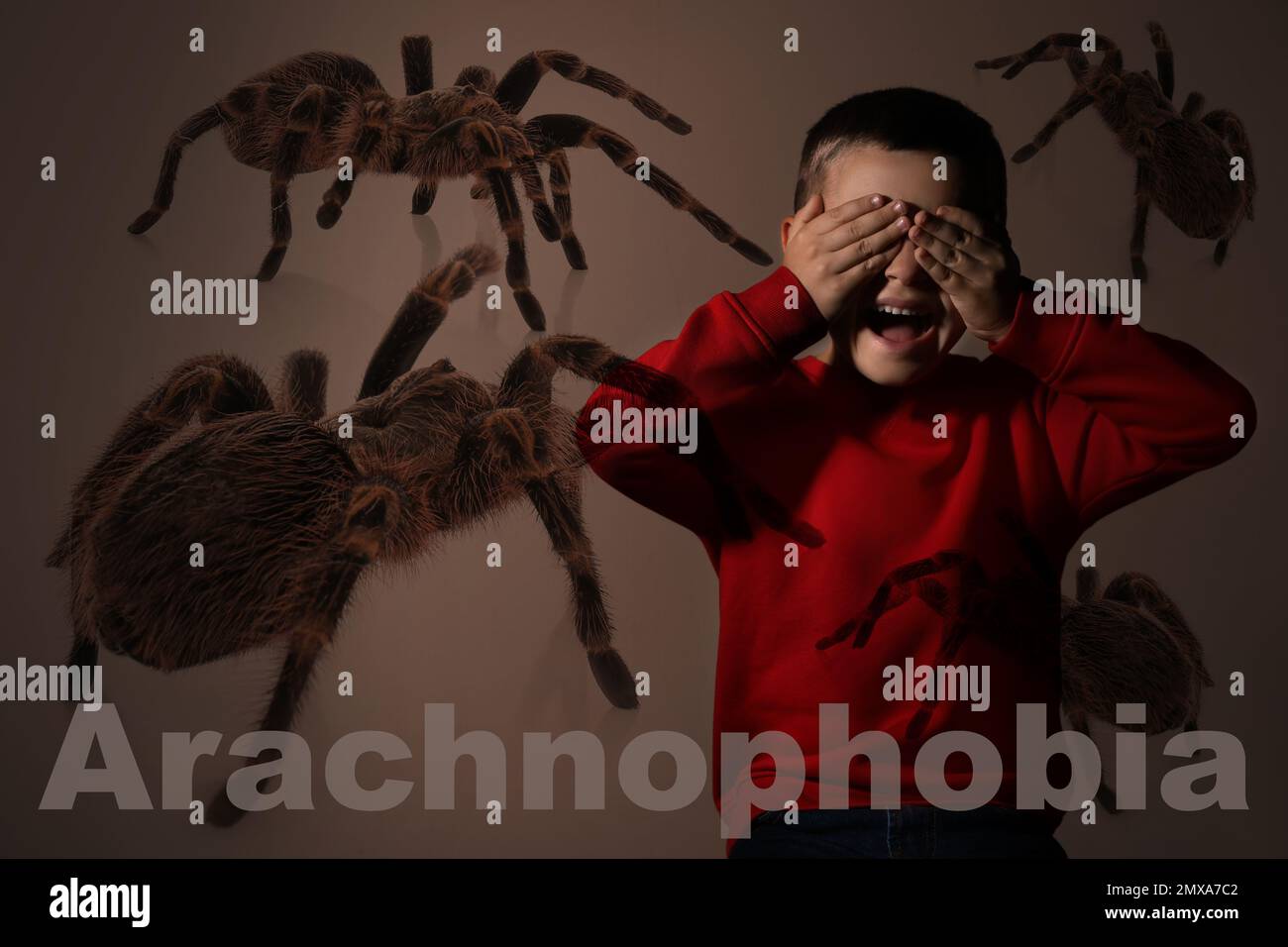 Arachnophobia concept. Double exposure of scared little boy and spiders ...