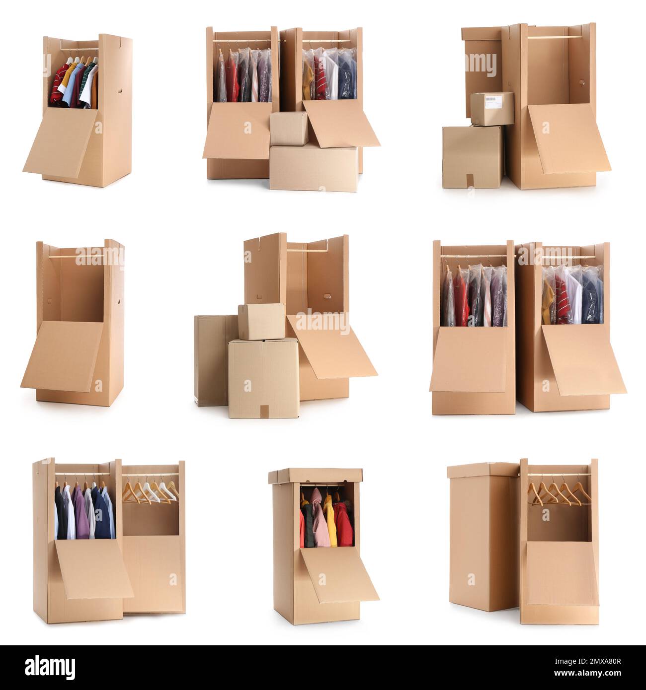 Set of cardboard wardrobe boxes on white background Stock Photo Alamy