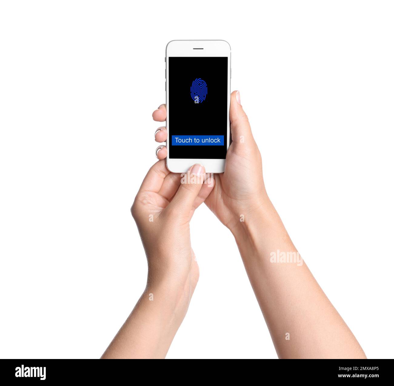 Woman with smartphone scanning fingerprint on white background, closeup ...