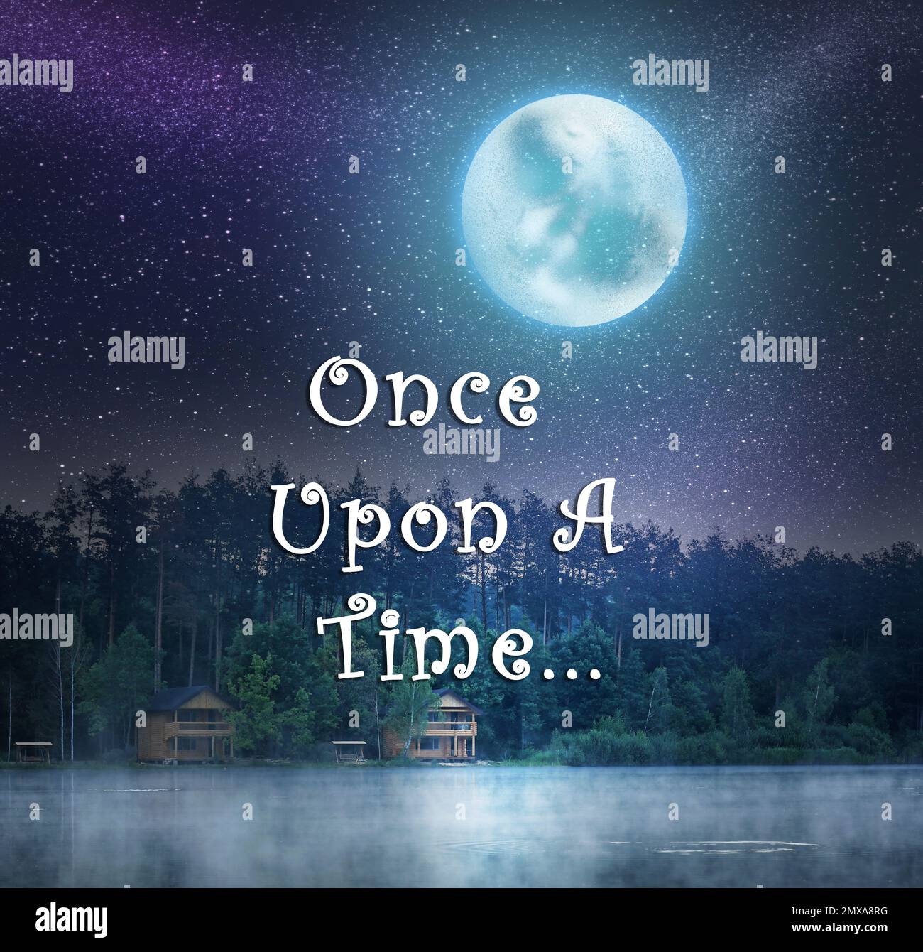 Beautiful night landscape with full moon and text Once upon a time. Fairy tale world Stock Photo