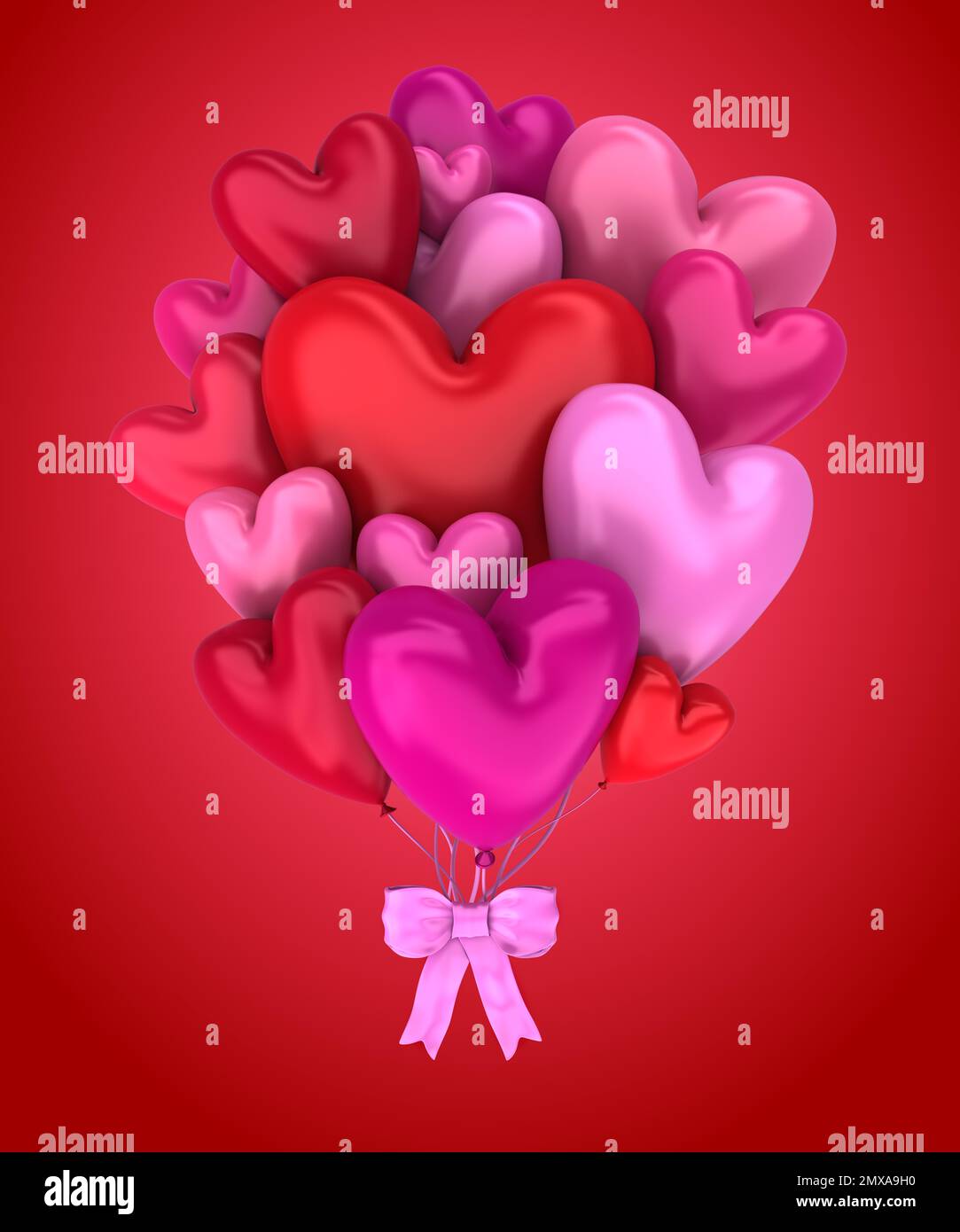 Bunch of red and pink balloons in the shape of hearts - 3d render Stock ...
