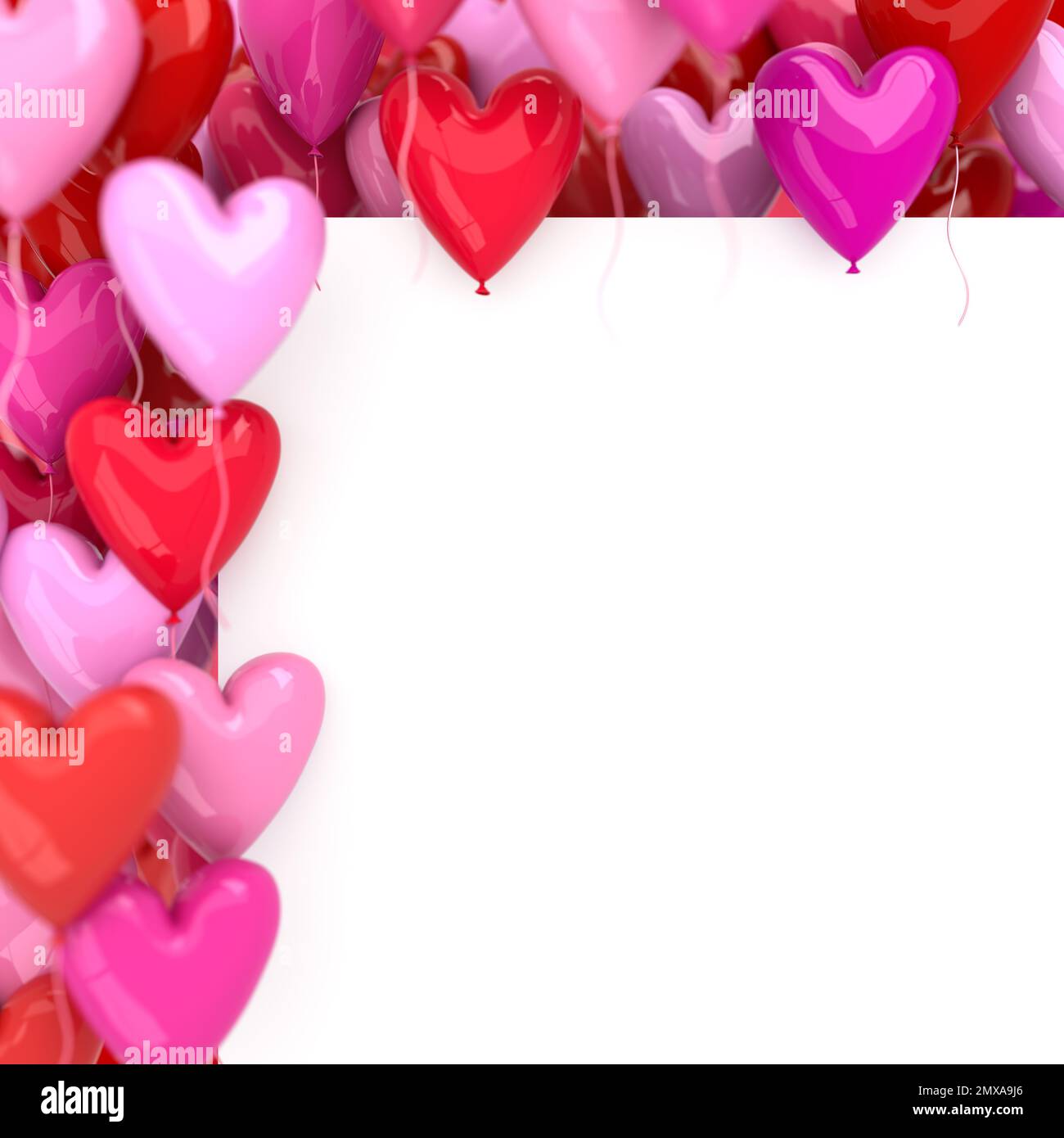 Bunch of red and pink balloons in the shape of hearts with blank space ...