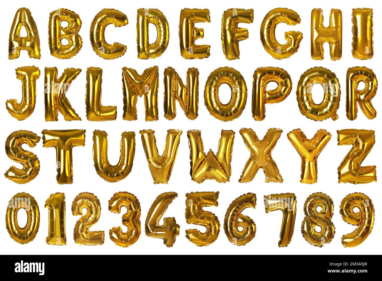 Set with golden foil balloons in shape of letters and numbers on white ...