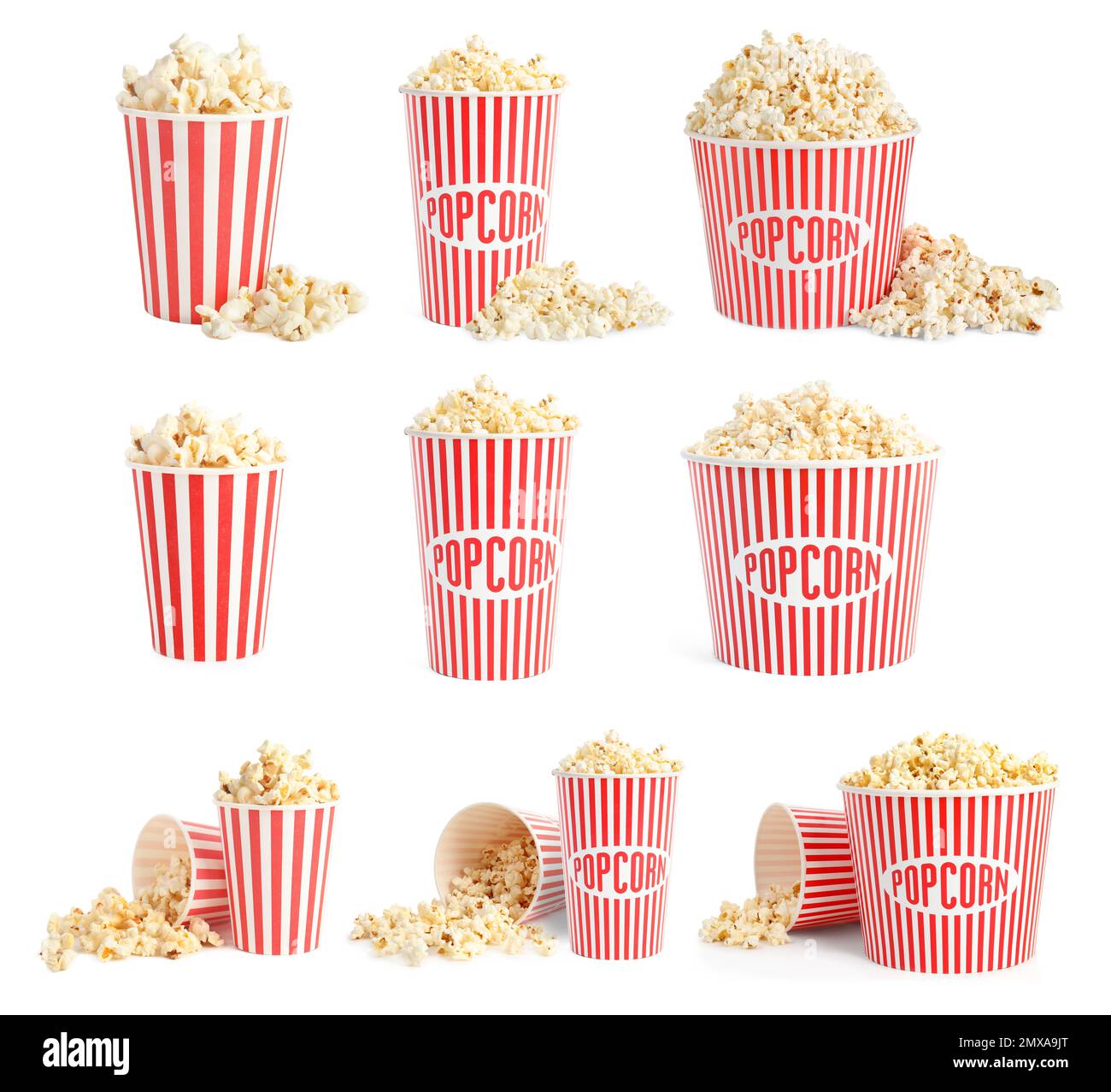 Set with buckets of tasty pop corn on white background Stock Photo Alamy
