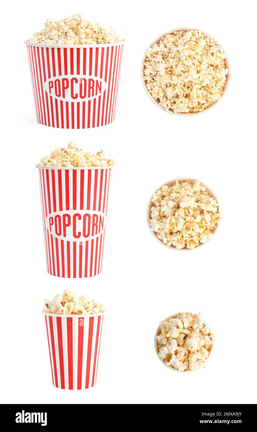 Set with buckets of tasty pop corn on white background Stock Photo Alamy