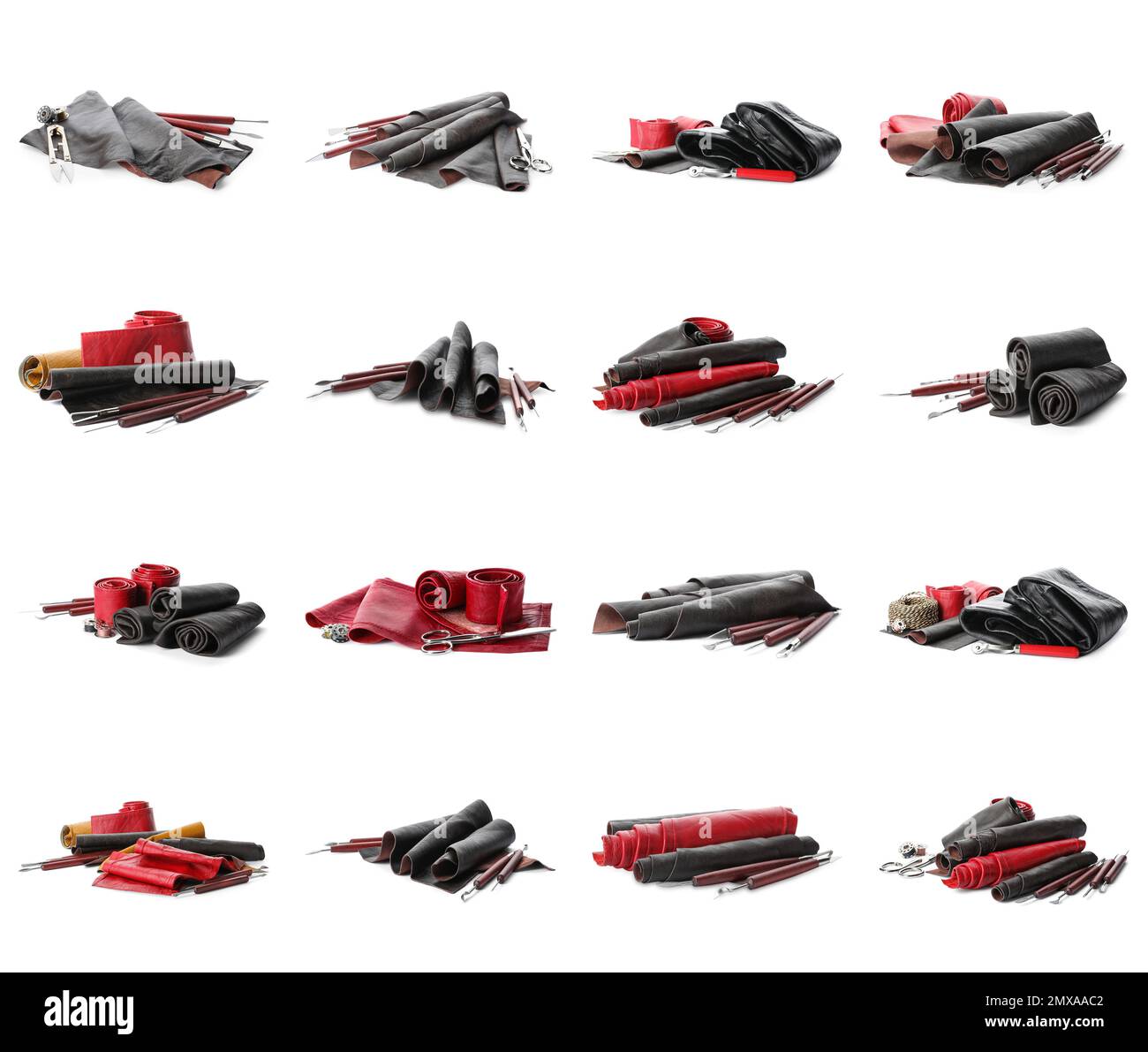Set with leather samples and craftsman tools on white background Stock Photo