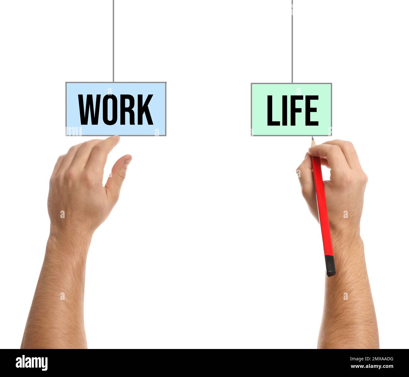 Work-life balance concept. Man with pencil and words on white ...