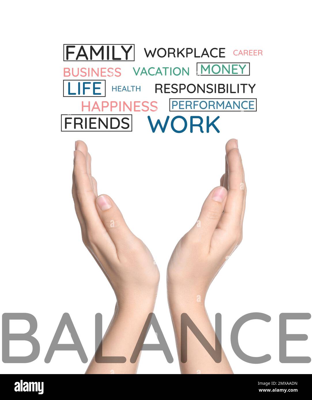 Work-life balance concept. Woman demonstrating words on white ...