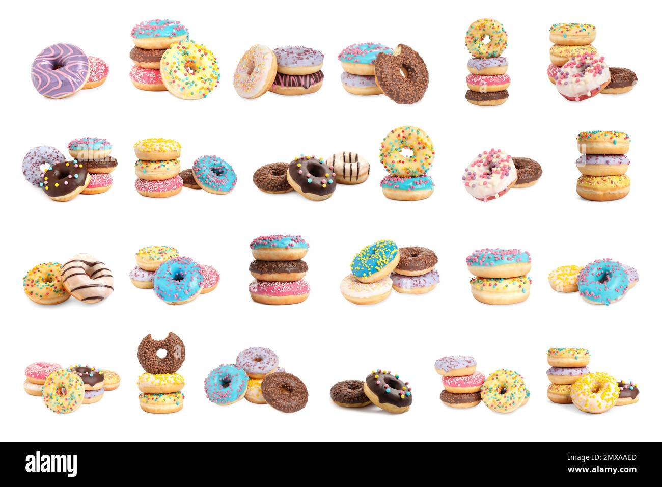 Set of different delicious donuts on white background Stock Photo - Alamy