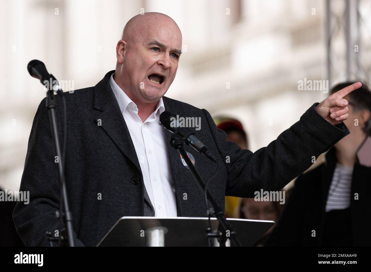 London, UK. 01st Feb, 2023. RMT General Secretary Mick Lynch speaks ...