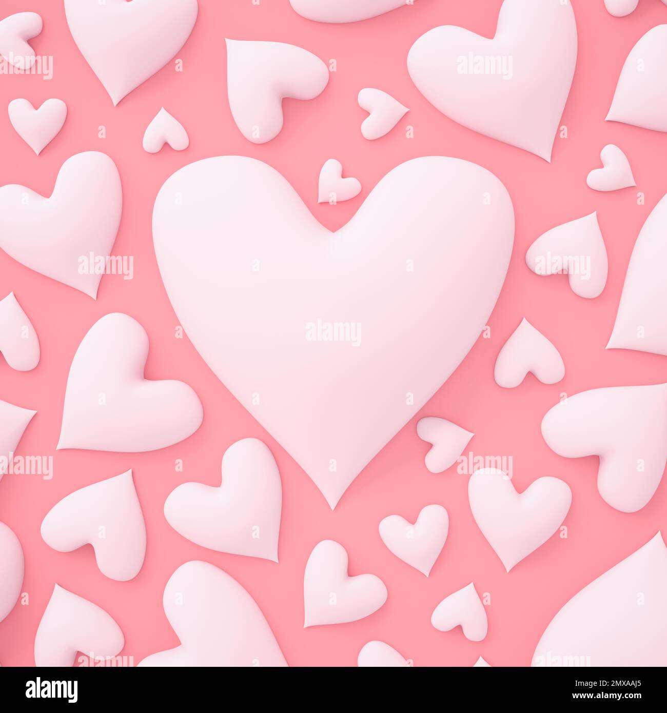 White hearts on pink background with large center heart for Valentine's day or other romantic themed background. 3d Render. Stock Photo