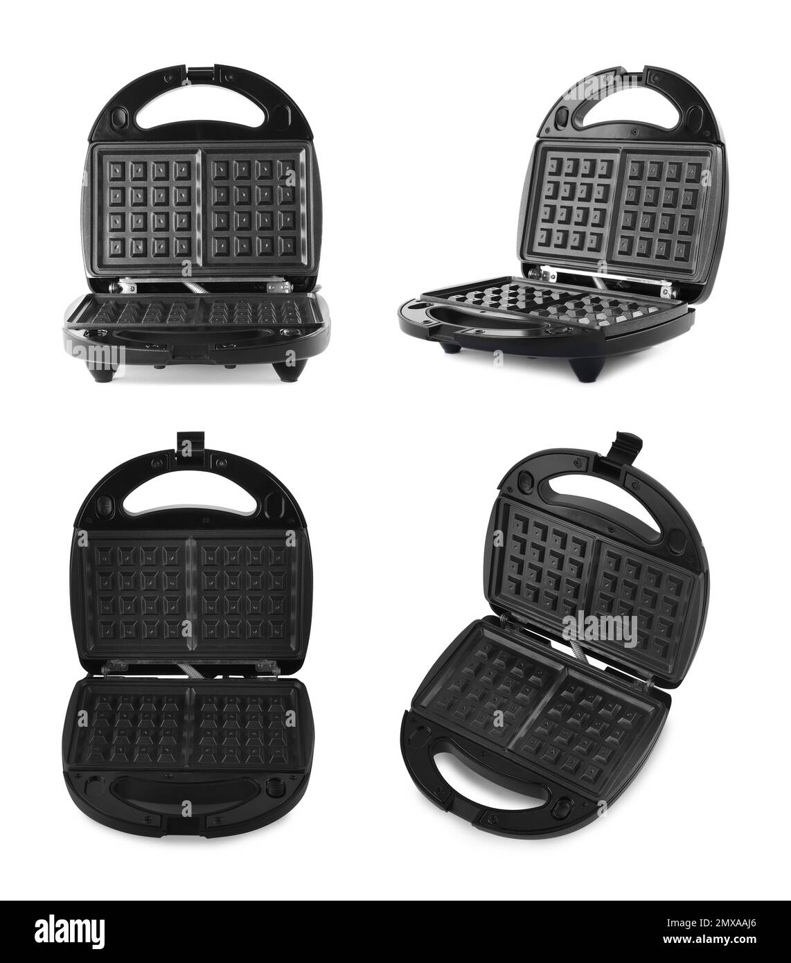 Set with modern electric waffle makers on white background Stock Photo