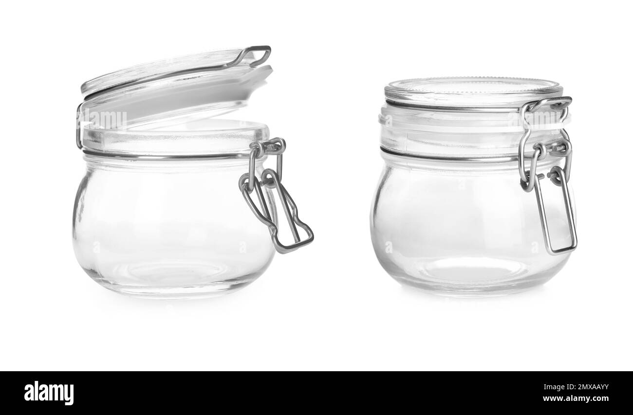 Set with empty glass jars on white background Stock Photo Alamy