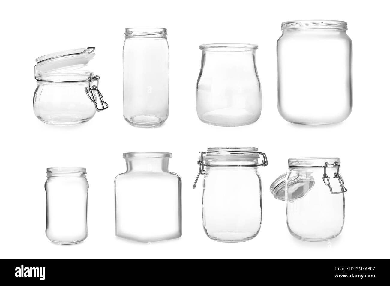 Set with different empty glass jars on white background Stock Photo Alamy