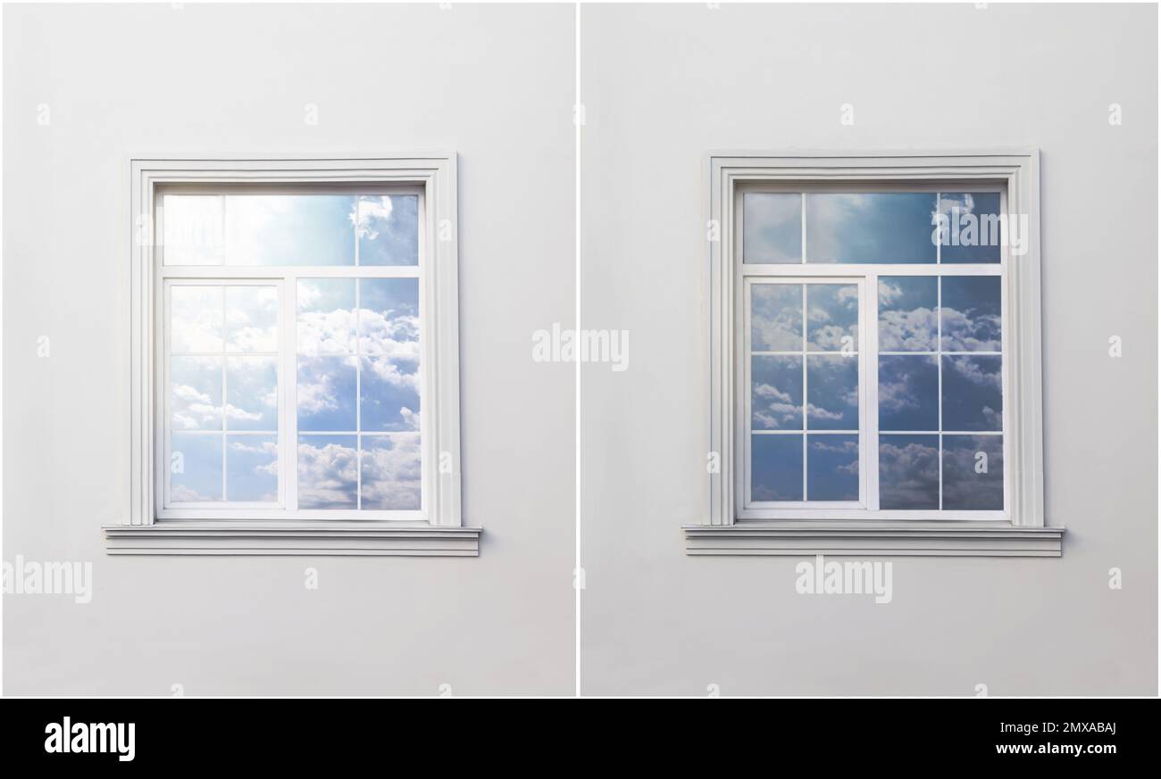 Wall with window before and after tinting Stock Photo Alamy