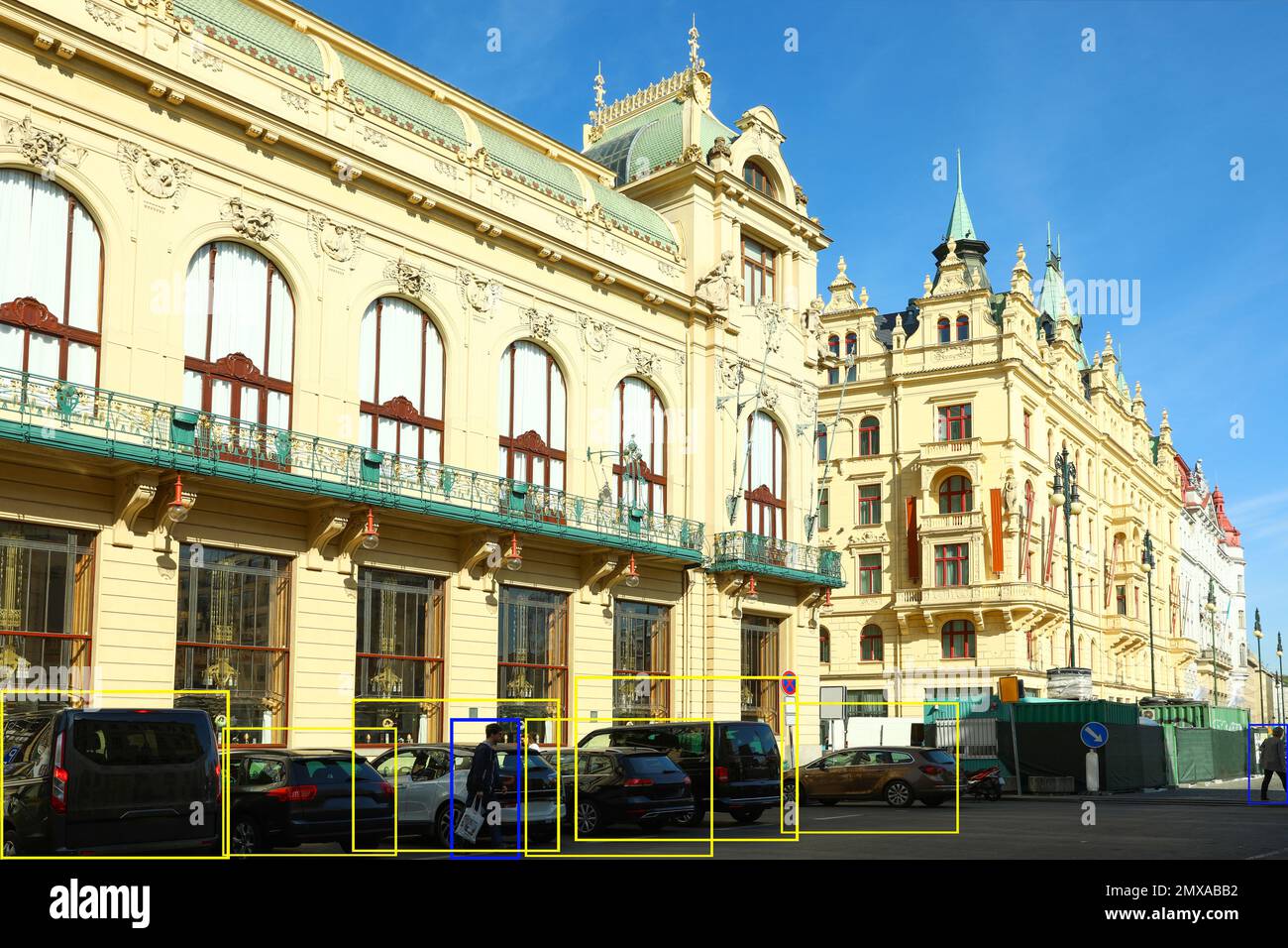 Buildings and street with scanner frames on cars and people in city