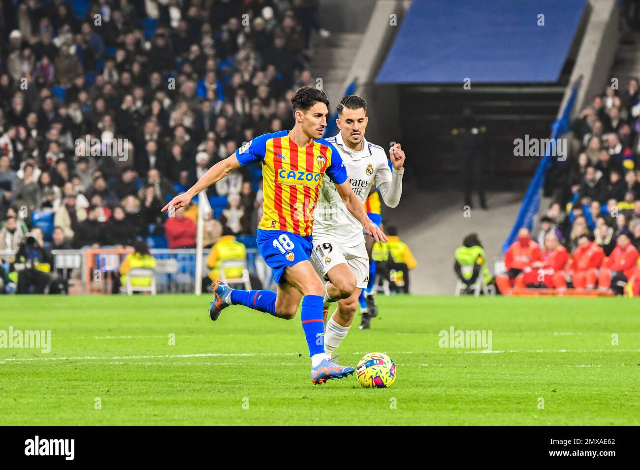February 2, 2023: MADRID, SPAIN - FEBRUARY 2: Andre Almeida of Valencia CF drive the ball during the match between Real Madrid CF and Valencia CF of La Liga Santander on February 2, 2022 at Santiago Bernabeu of Madrid, Spain. (Credit Image: © Samuel CarreÃ±O/PX Imagens via ZUMA Press Wire) EDITORIAL USAGE ONLY! Not for Commercial USAGE! Stock Photo