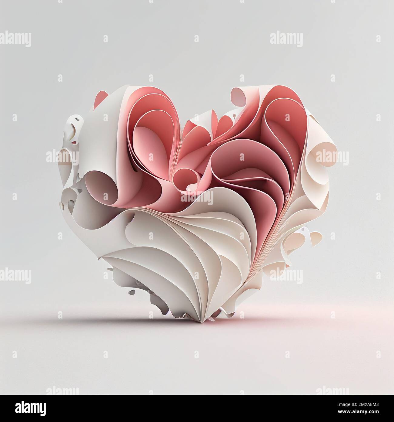 3D rendering, folding pink and white paper into heart shape sculpture