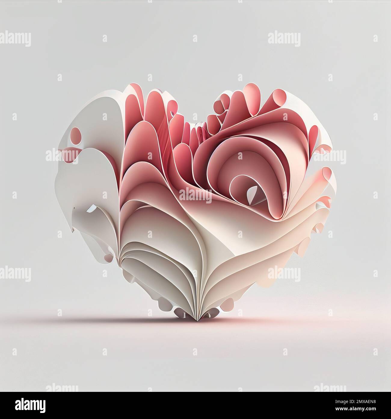3D rendering, folding pink and white paper into heart shape sculpture