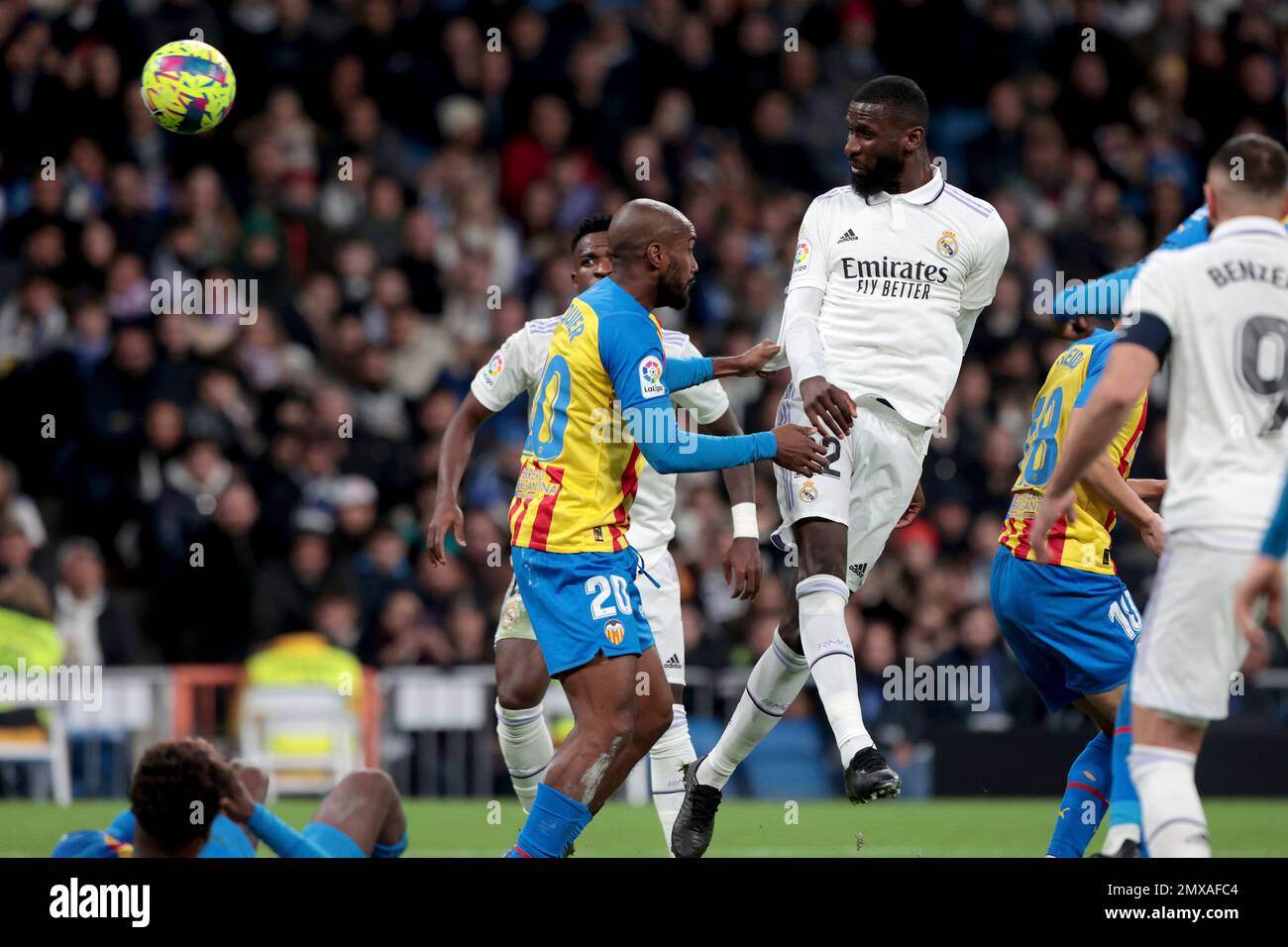 Madrid, Spanien. 02nd Feb, 2023. Madrid Spain; 02.02.2023.- Real Madrid  player Rüdiger celebrates a headed goal that was disallowed Real Madrid vs.  Valencia FC. postponed match of the Spanish La Liga matchday