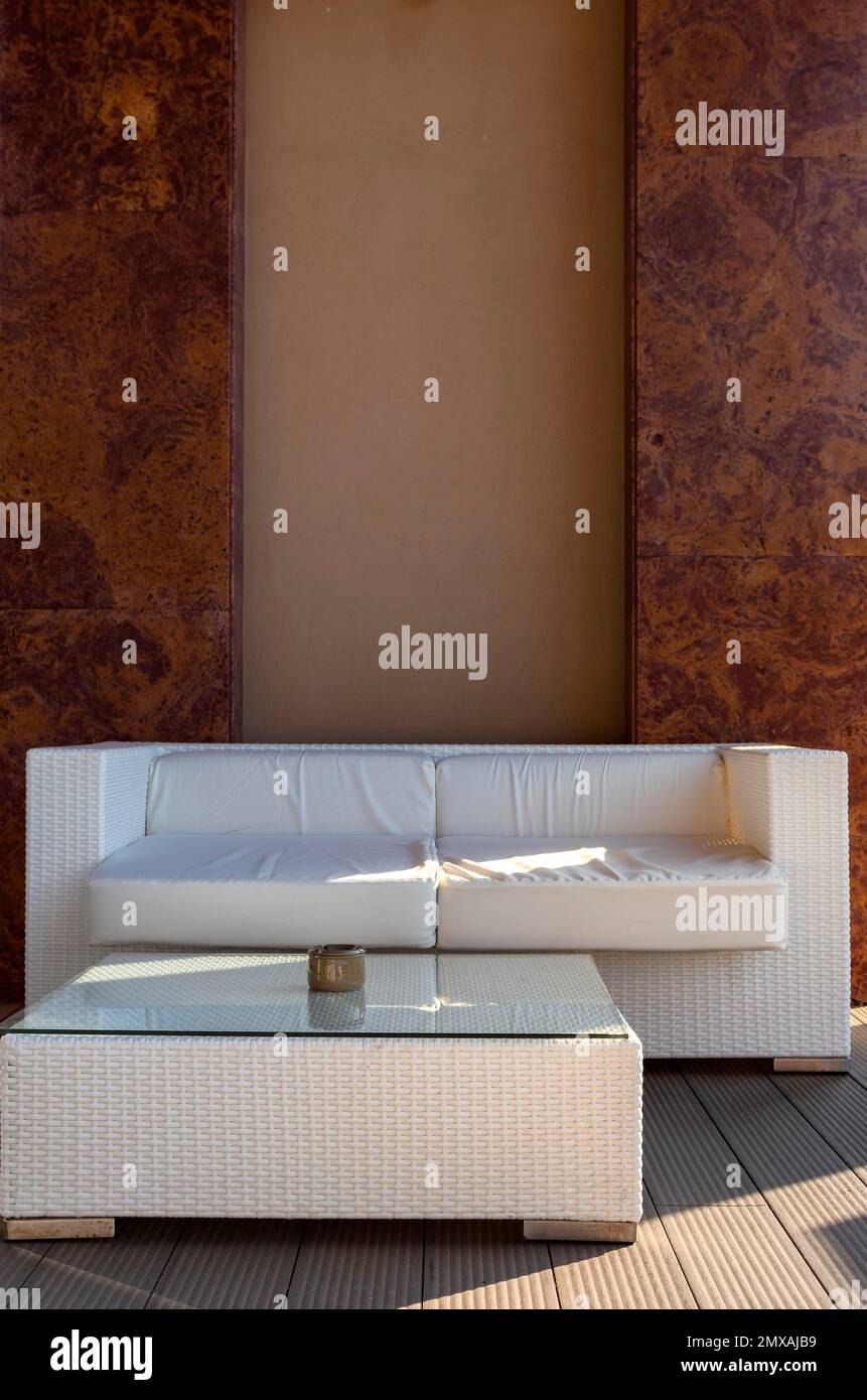 White wicker furniture on the terrace, Crete, Greece Stock Photo Alamy