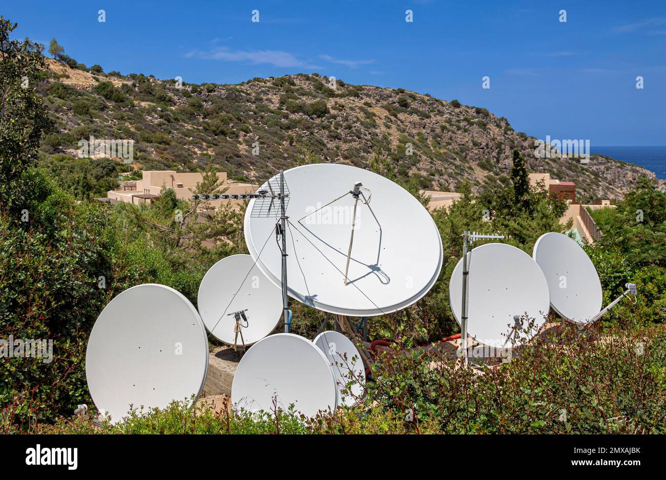 Satellite dishes on the mountain, Crete, Greece Stock Photo Alamy