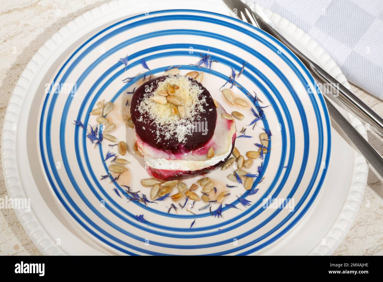 Southern German cuisine, goat cheese beetroot burger gratinated with