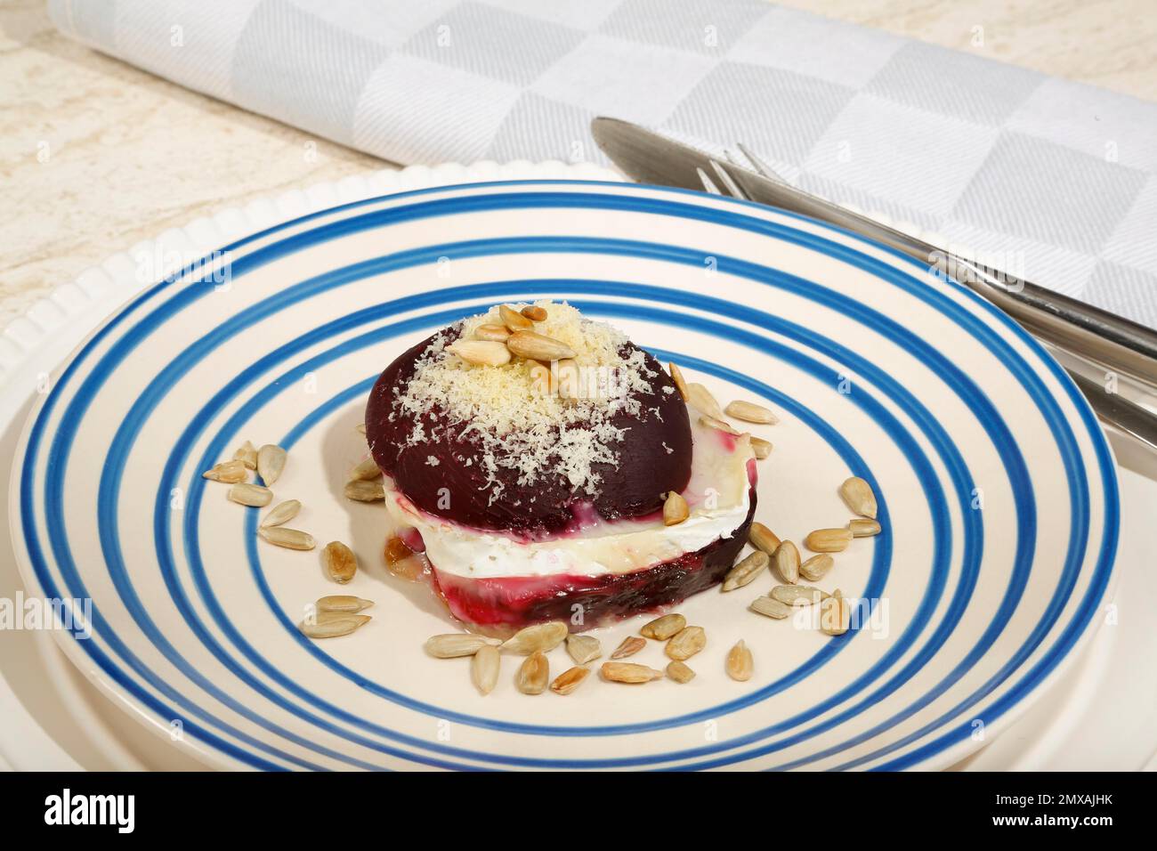 Southern German cuisine, goat cheese beetroot burger gratinated with