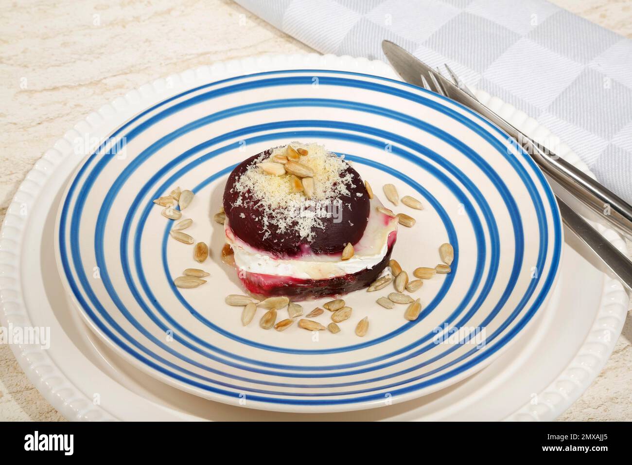 Southern German cuisine, goat cheese beetroot burger gratinated with