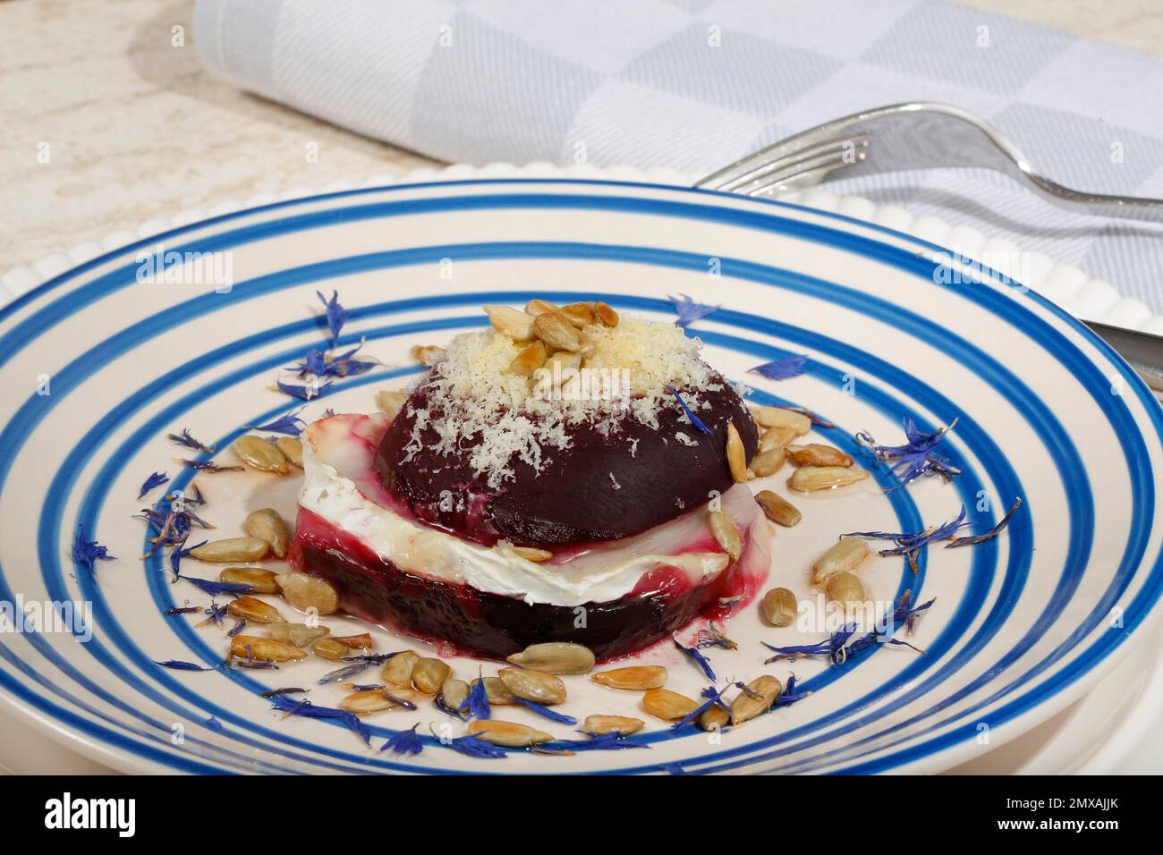 Southern German cuisine, goat cheese beetroot burger gratinated with