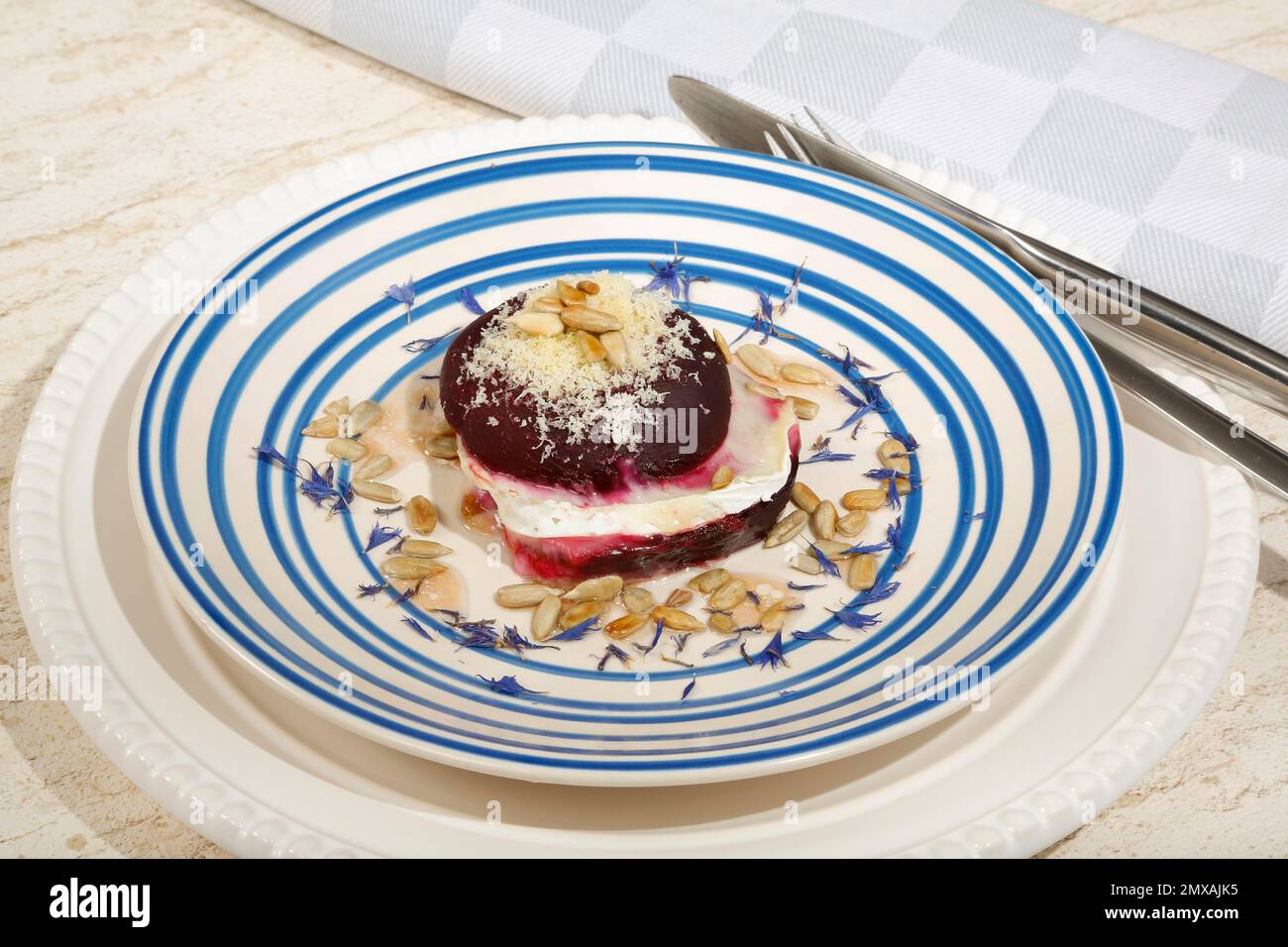 Southern German cuisine, goat cheese beetroot burger gratinated with