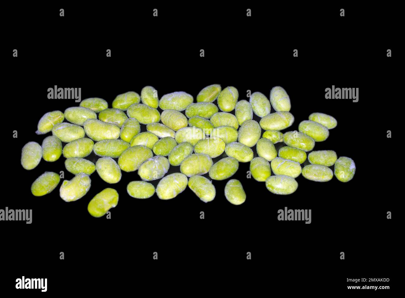 Peeled frozen Japanese edamame beans, studio photography with black