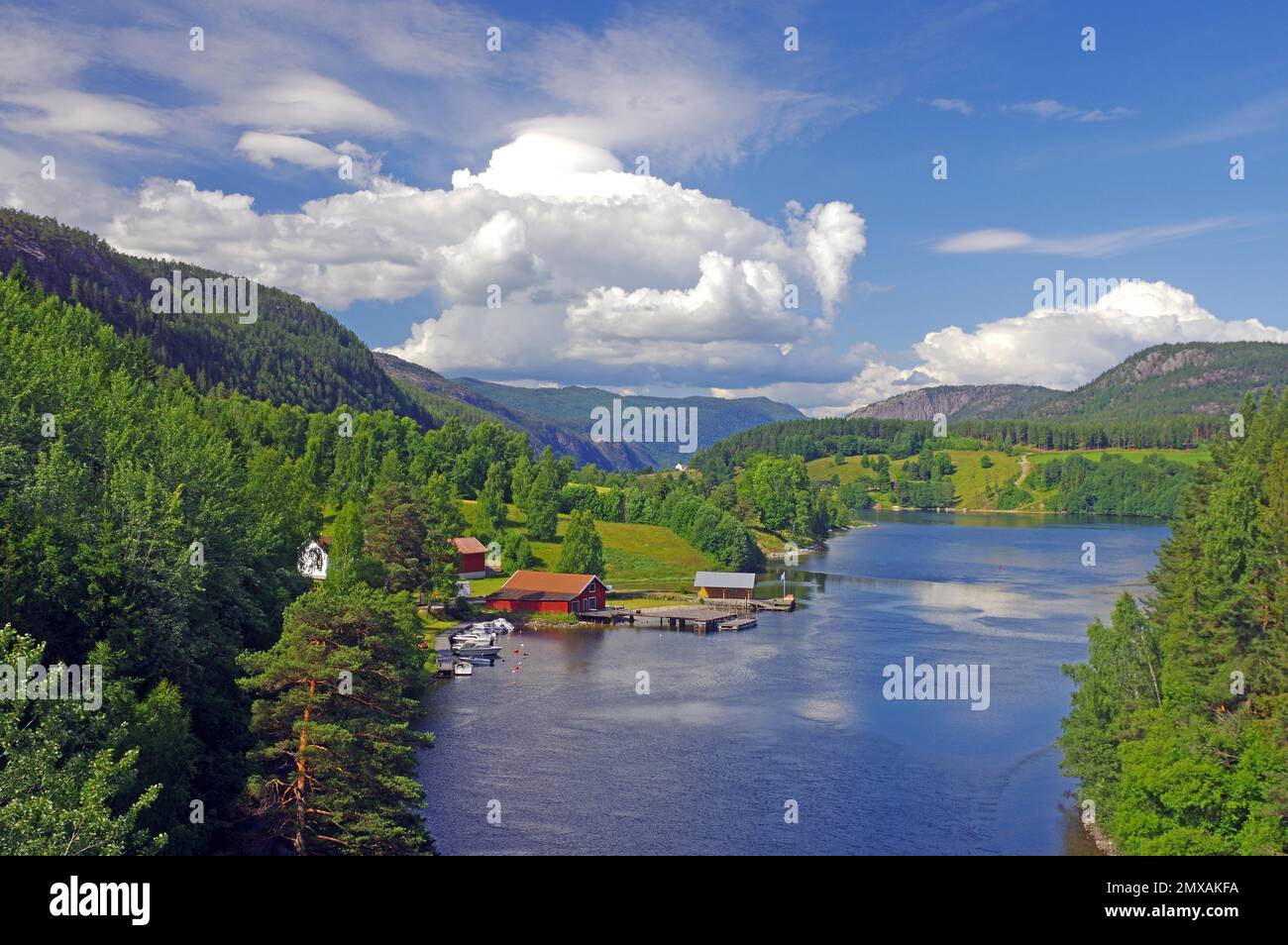Forest and water, small farms, Telemark Canal, Norway Stock Photo
