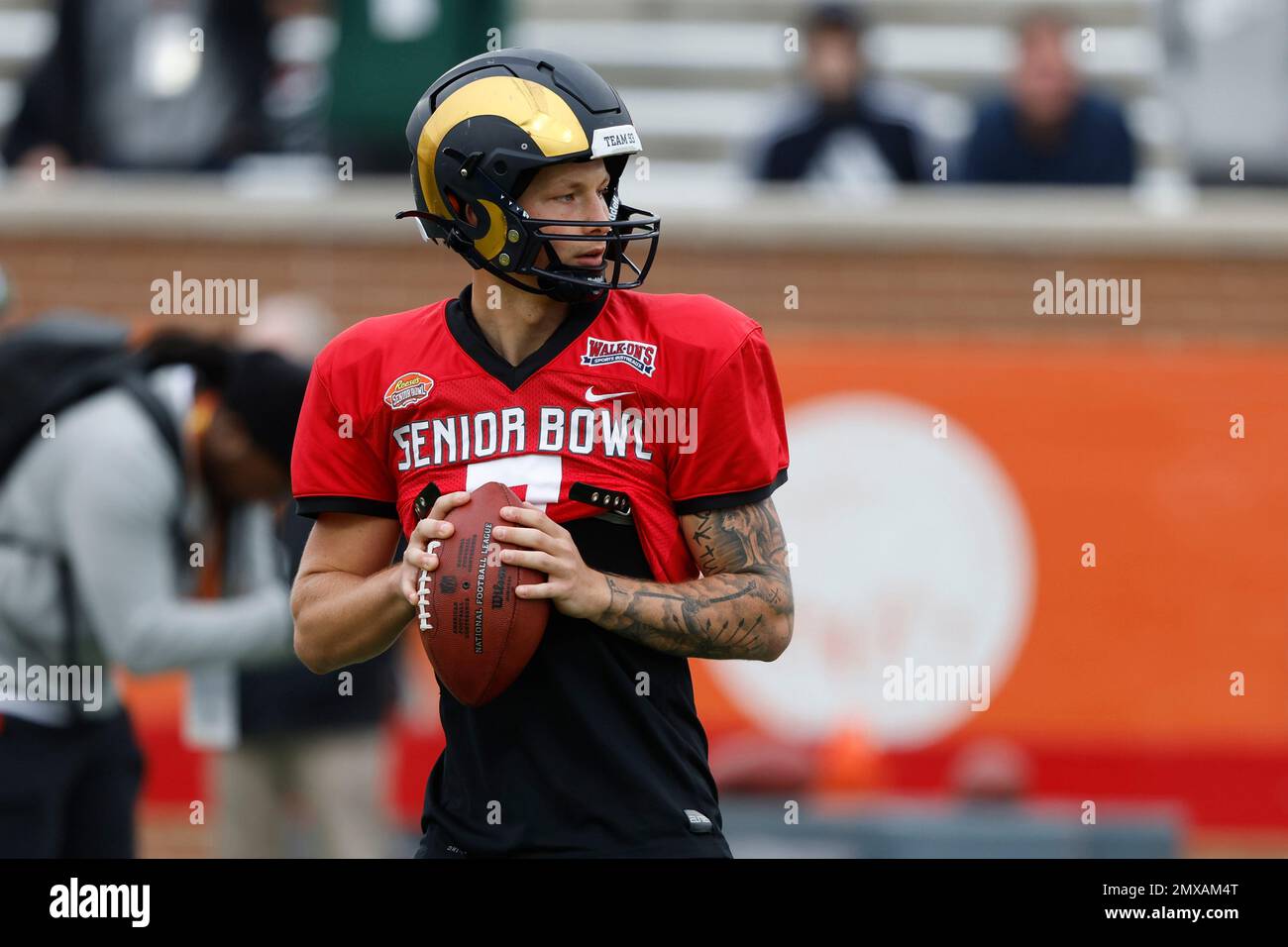 American quarterback Tyson Bagent of Shepherd (7) runs through drills