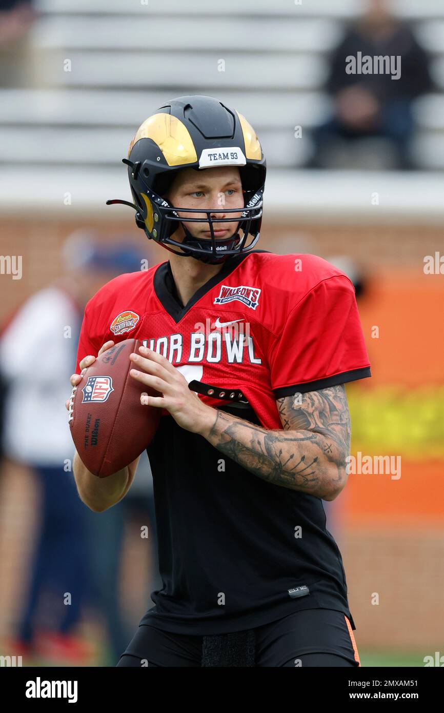 American quarterback Tyson Bagent of Shepherd (7) runs through drills