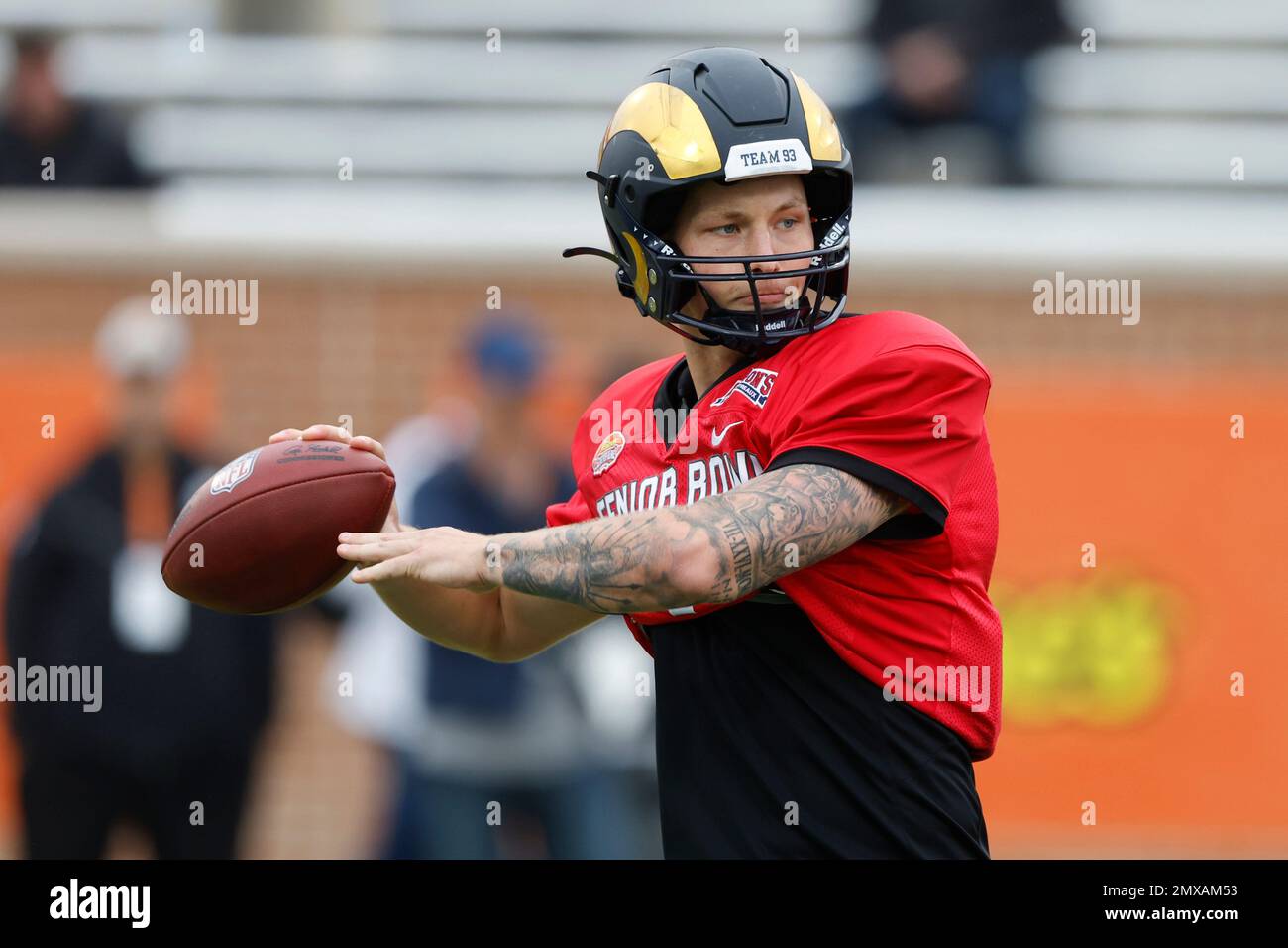American quarterback Tyson Bagent of Shepherd (7) runs through drills