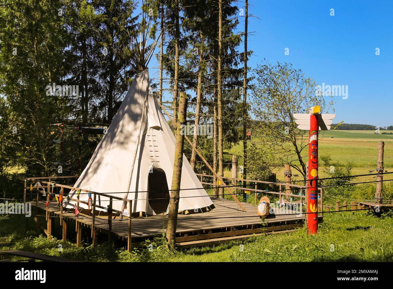 Indian tent in the forest ropes course, wigwam, stake, climbing park, high ropes course, climbing, leisure, Wallenhausen- Weissenhorn, Bavaria Stock Photo