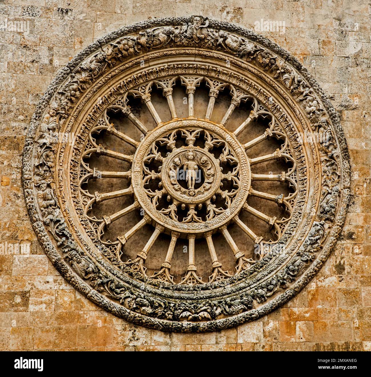 Grandiose rose window of the cathedral Santa Maria Assunta from the 15th century Ostuni, Apulia, Ostuni, Apulia, Italy Stock Photo