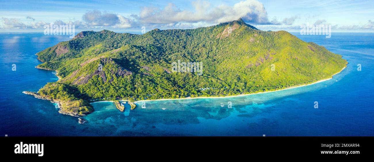Aerial panoramic view looking east of Silhouette island in the Seychelles east of Kenya in the Indian Ocean Stock Photo