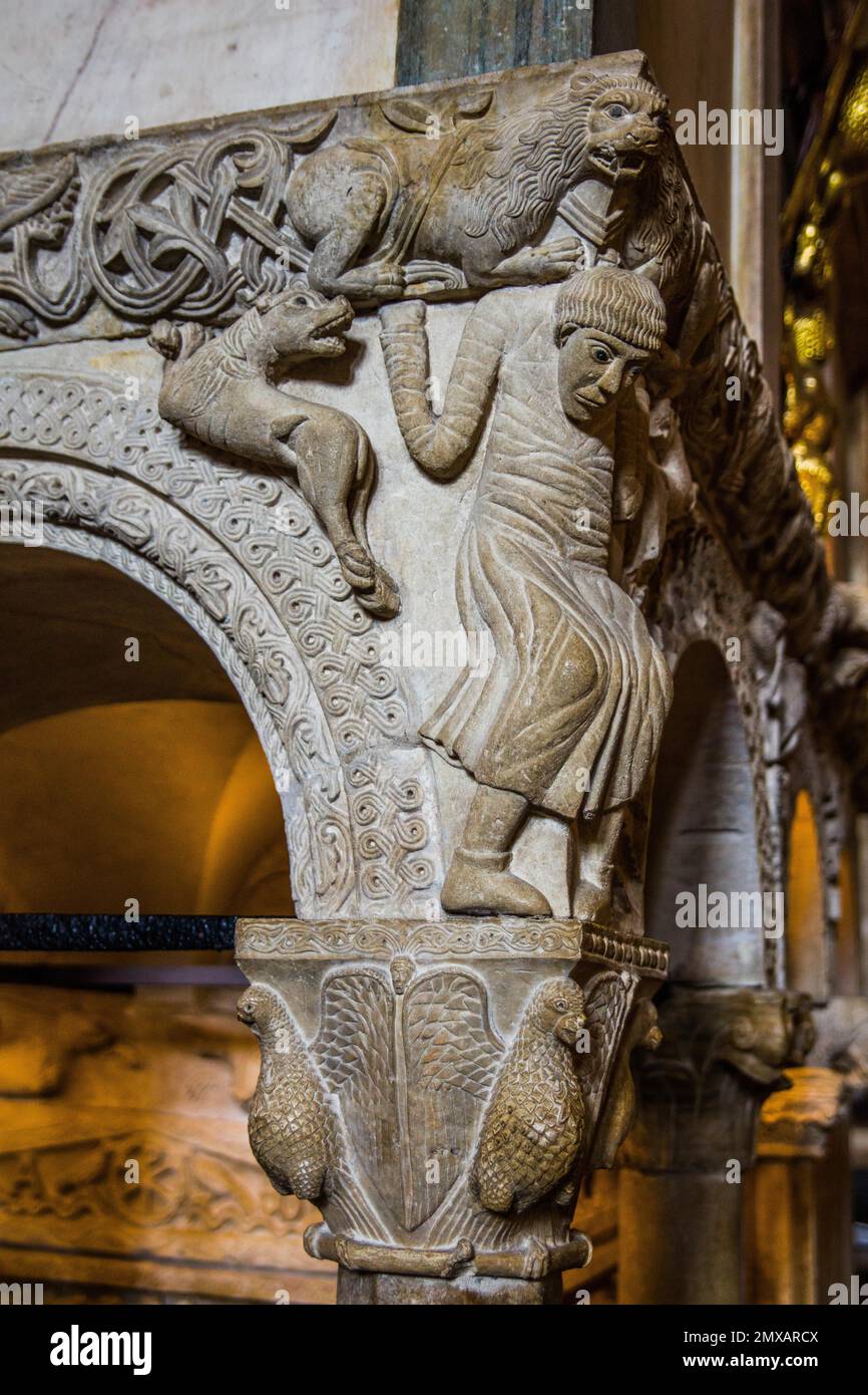 Pulpit Rome Pulpit (13th c.) over sarcophagus (4th), Basilica of St. Ambrogio one ...