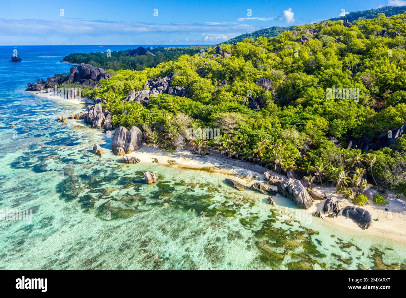 Aerial view of Anse Source d'Argent beach in La Digue, Seychelles Stock Photo