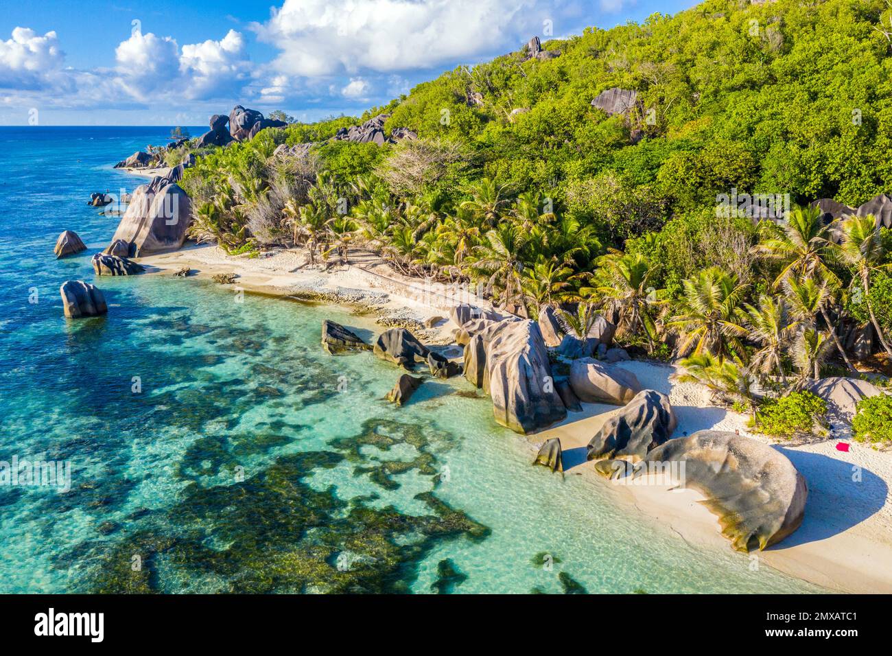Aerial view of Anse Source d'Argent beach in La Digue, Seychelles Stock