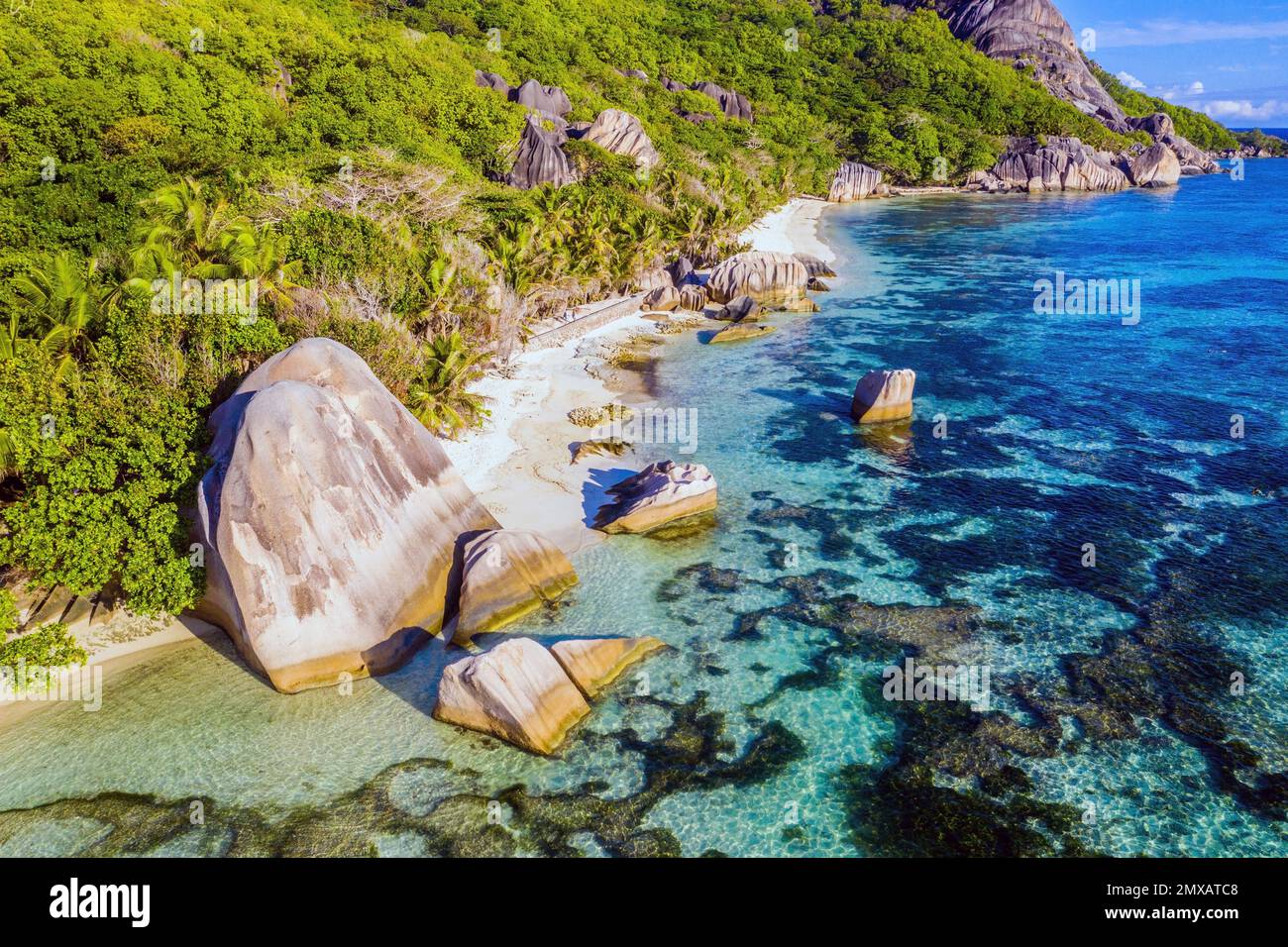 Aerial view of Anse Source d'Argent beach in La Digue, Seychelles Stock Photo