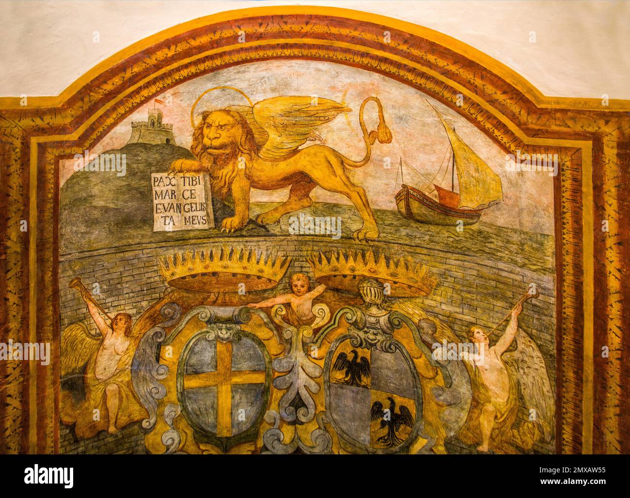 Fresco with the emblem of the Gardesana dell'Acqua (Malcesine Fortress) and the Lion of San Marco, Palazzo dei Capitani, Malcesine on Monte Baldo Stock Photo