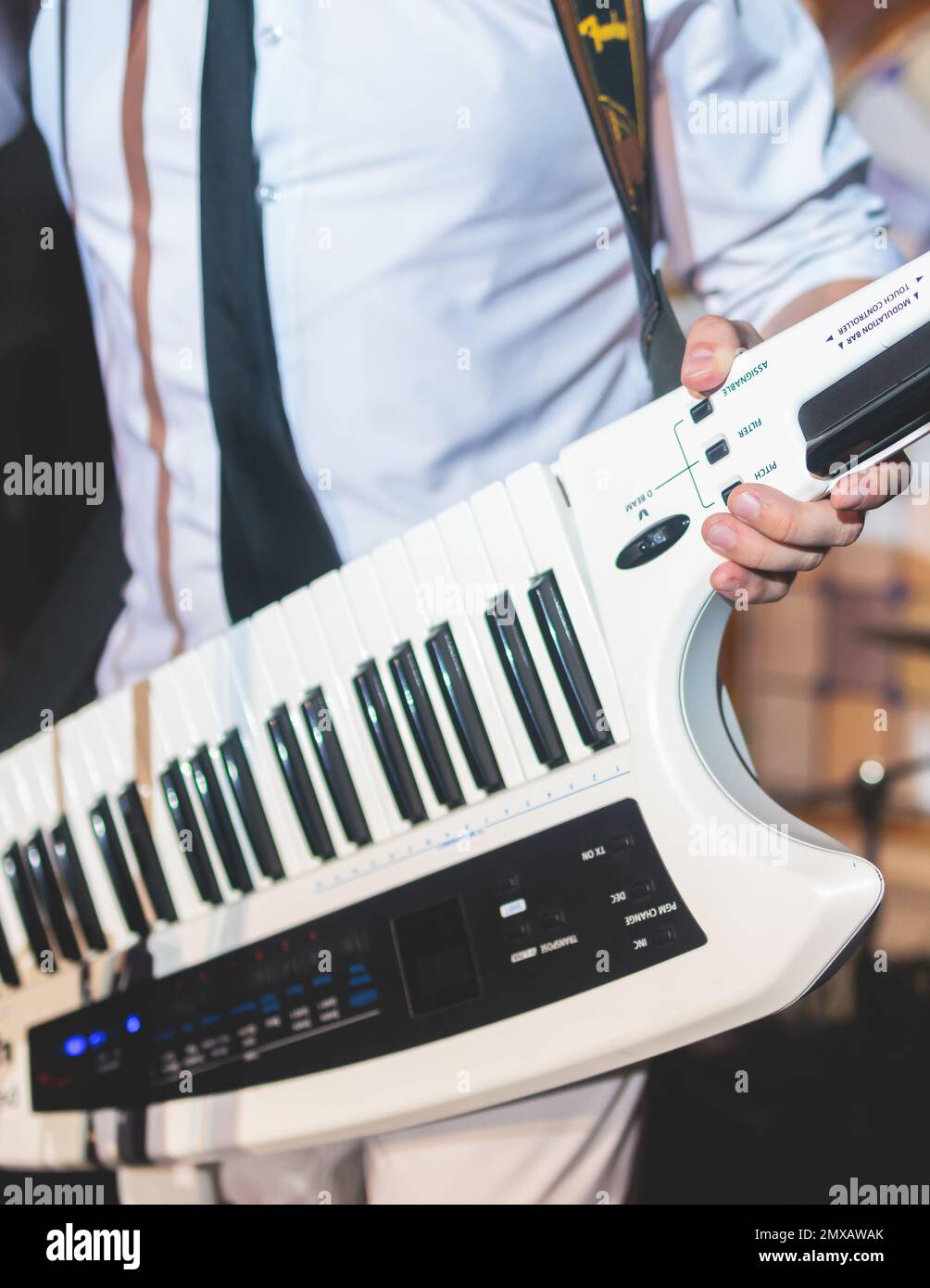 Concert view of a keytar synthesizer player with vocalist and musical